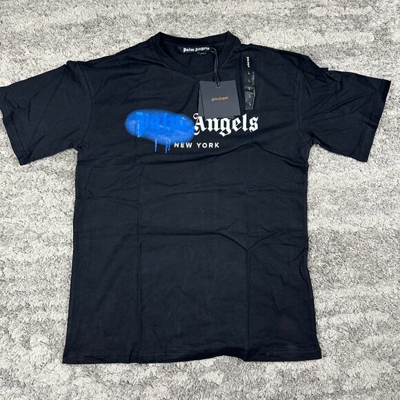 Palm Angels Yellow Graffiti Logo New York Black T-Shirt Size Large - Picture 1 of 3